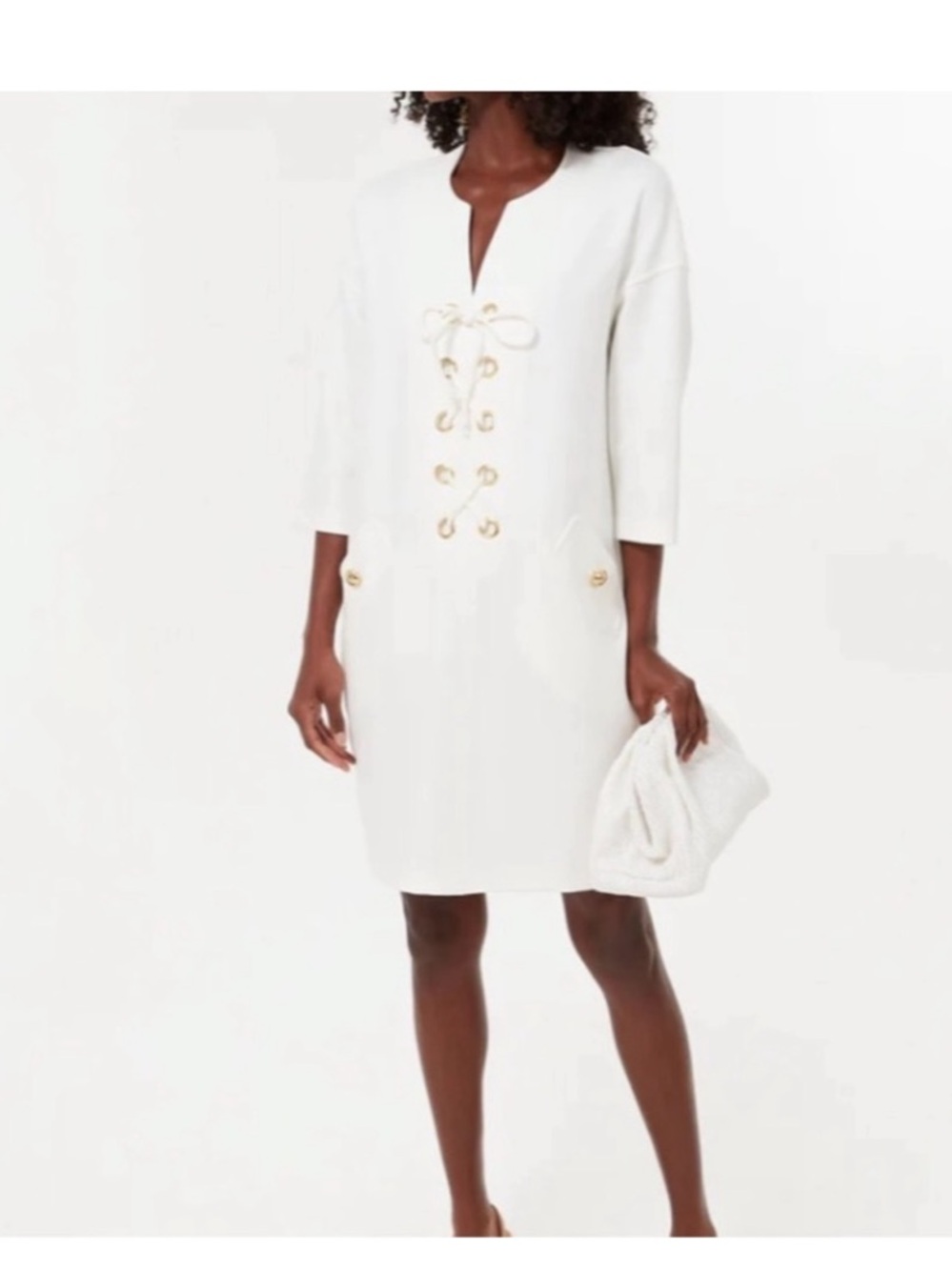 Tuckernuck Ellington White Lace-Up Shift Dress with Gold Accents